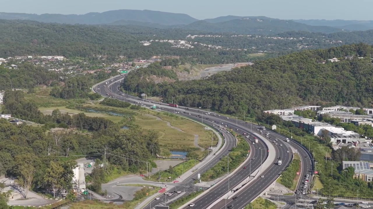 Panoramic View Of M1 Pacific Motorway Near Tallebudgera Creek In The Gold Coast, Queensland, Australia. Aerial Drone Shot