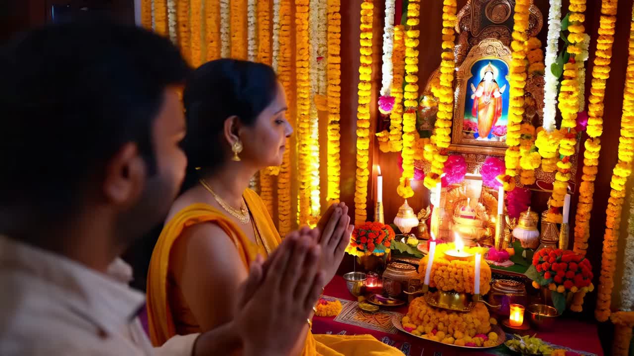 una pareja india orando en el altar de su casa.