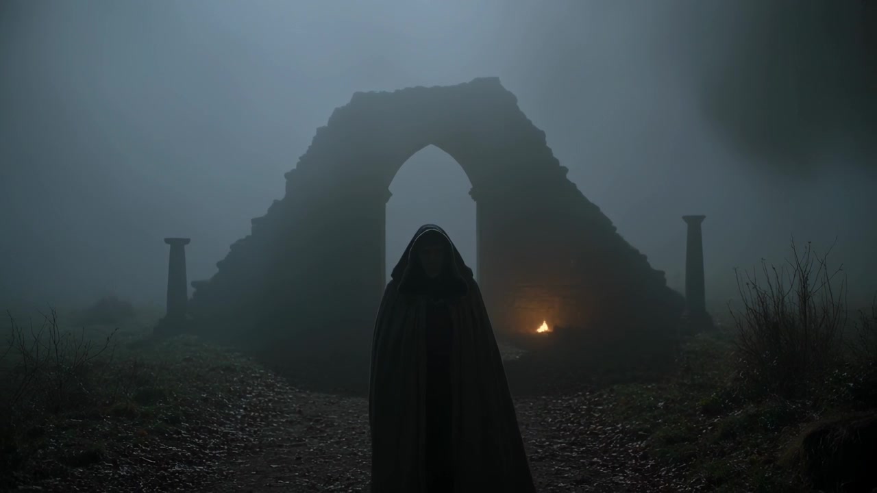 Figura encapuzada caminhando por um caminho na charneca, aproximando-se de um arco, parando, atraída por um braseiro