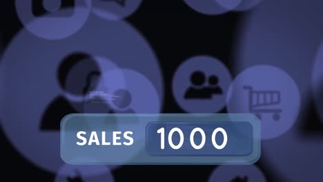 animación de números y texto de ventas a través de una red de conexiones con iconos