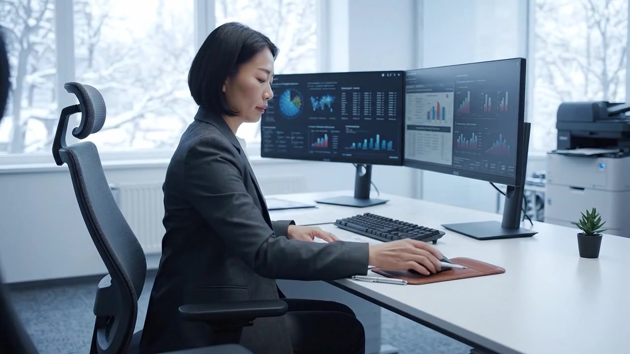 Focused professional working at a modern desk with dual monitors displaying data analytics and graphs in a bright office environment during winter.