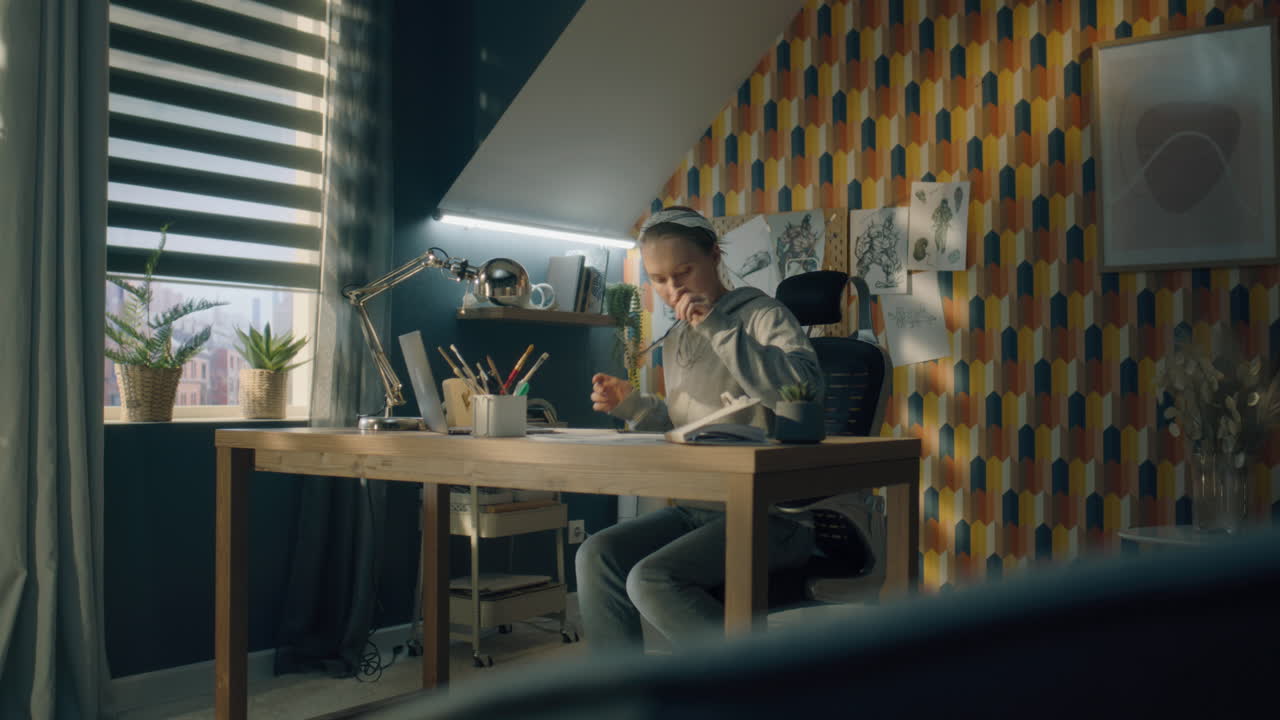 집에서 공부하는 십대 소녀