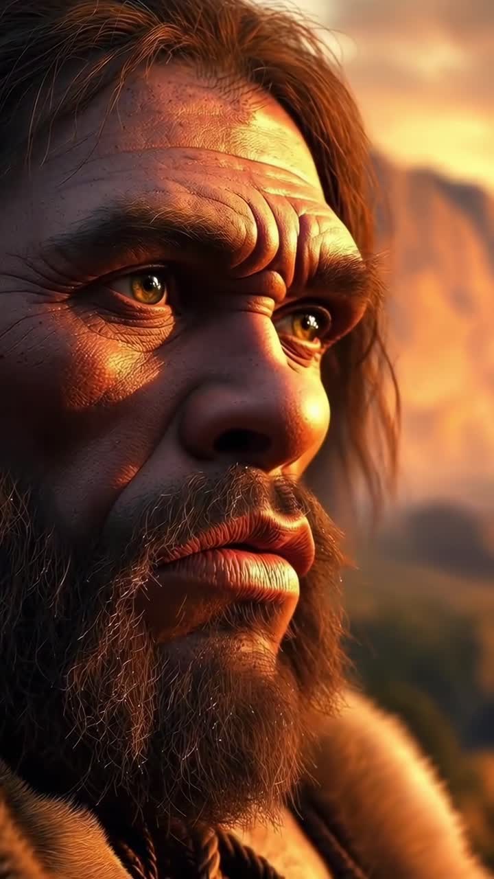 Close-up video still of a Neanderthal with intense gaze, dramatic lighting, side angle