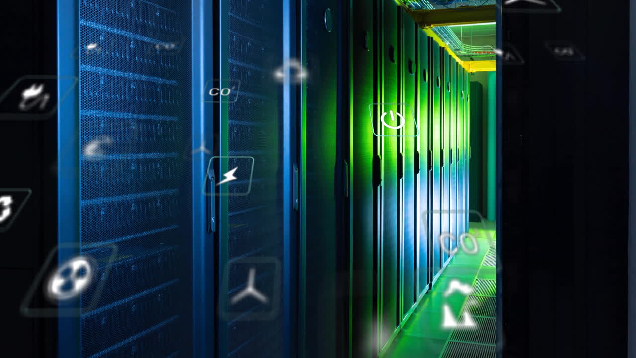 Animation of eco icons and data processing over computer servers