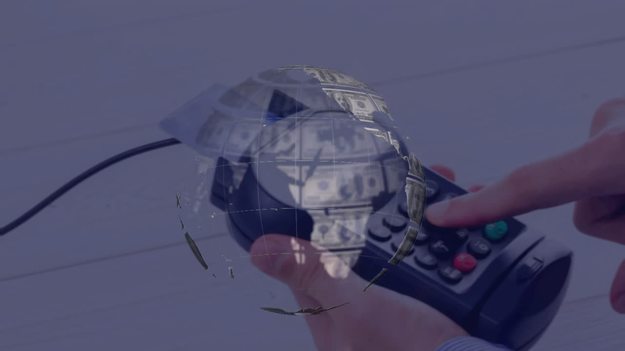 Animazione di un globo fatto di dollari su terminale di pagamento