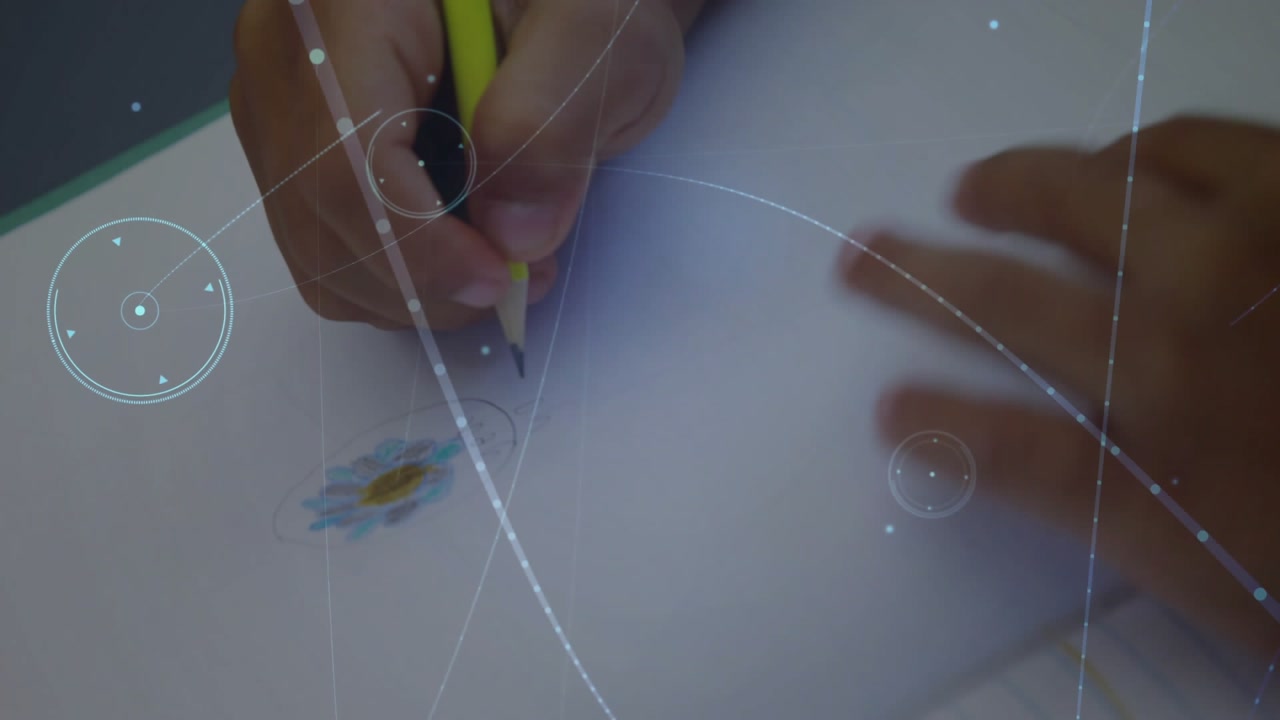 Right hand bringing pencil, sketching arc around flower for futuristic look while overlays rising