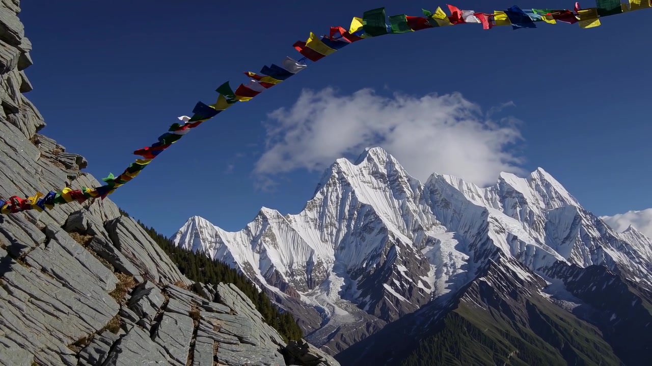 Tibetanske bedeflag flagrende mod snedækkede bjergtoppe