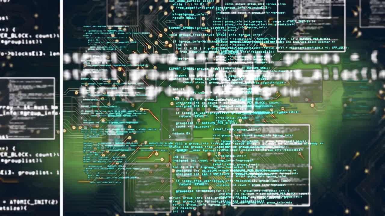 Animation of screens with data processing and microprocessor connections against green background
