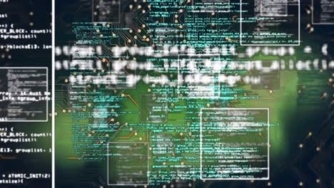 animation of screens with data processing and microprocessor connections against green background