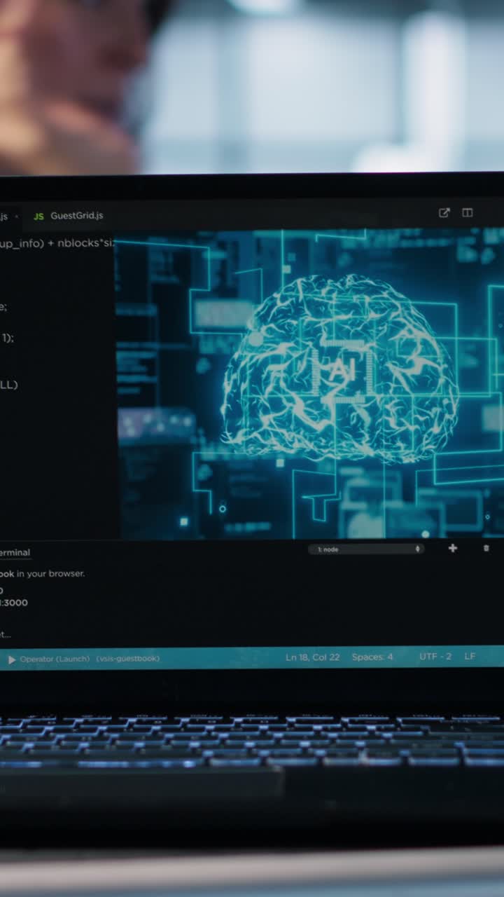 Vertical video Notebook screen with AI neural networks doing computing processes, close up