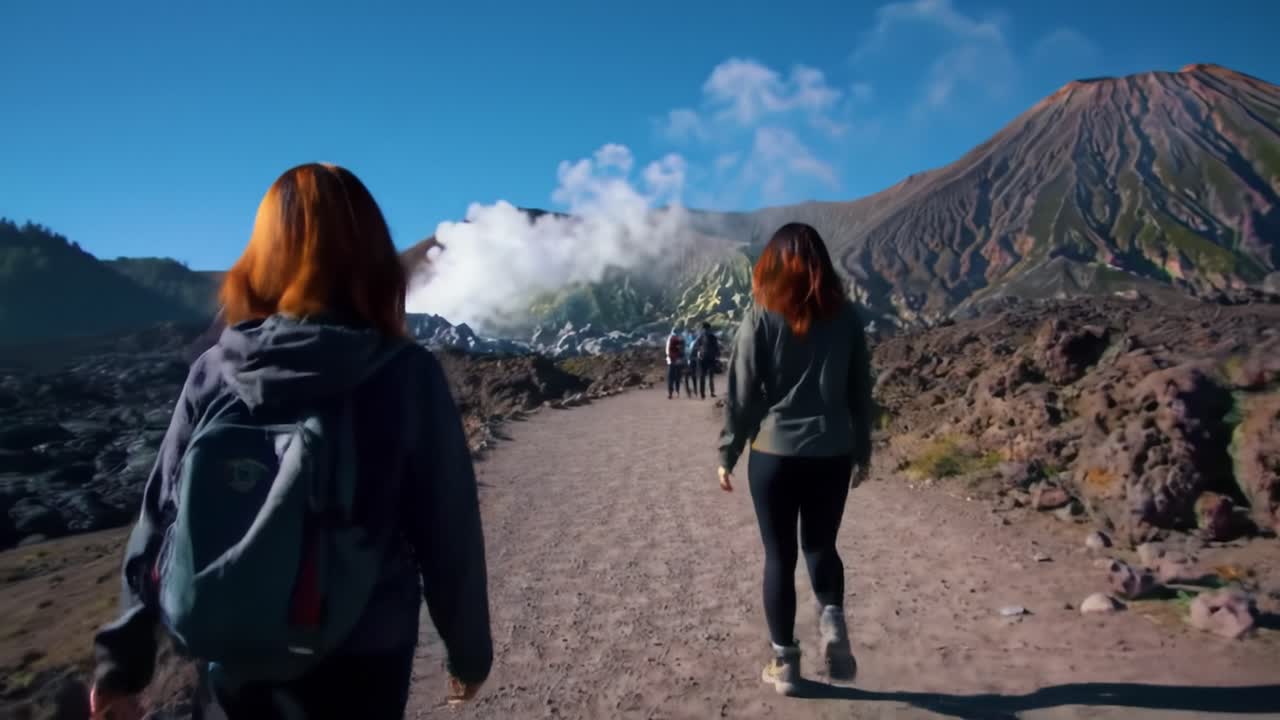 Adventurers embark on a hiking trail at Mount Rinjani in Indonesia, experiencing breathtaking landscapes and volcanic features under clear skies.