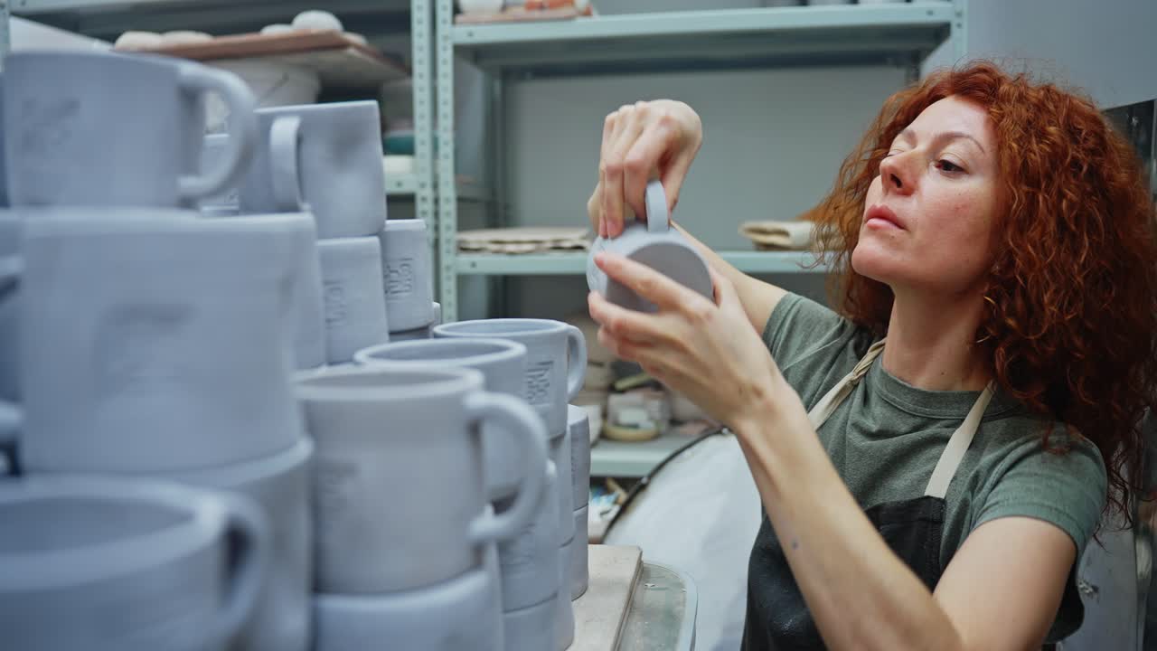 Woman Inspecting Handcrafted Ceramic Mugs in a Workshop