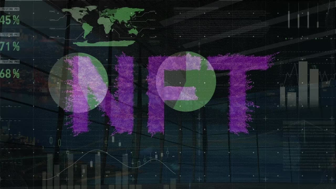 animación de texto nft y procesamiento de datos en una oficina vacía