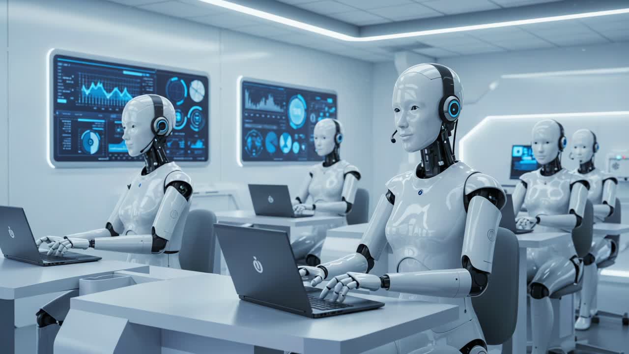 A Futuristic Scene of Advanced Robots Working Alongside Each Other in a High-Tech Environment, Engaged in Data Analysis and Communication, Representing the Future of Technology and Automation