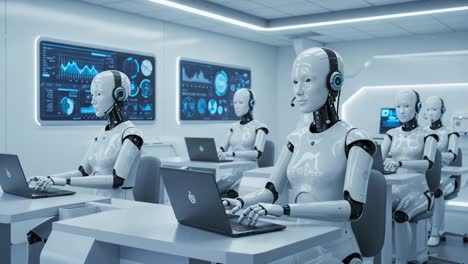 a futuristic scene of advanced robots working alongside each other in a high-tech environment, engaged in data analysis and communication, representing the future of technology and automation