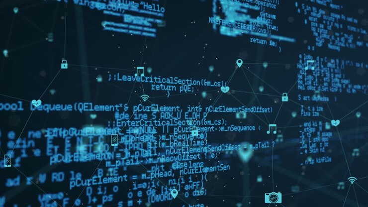 Network of connection icons against data processing