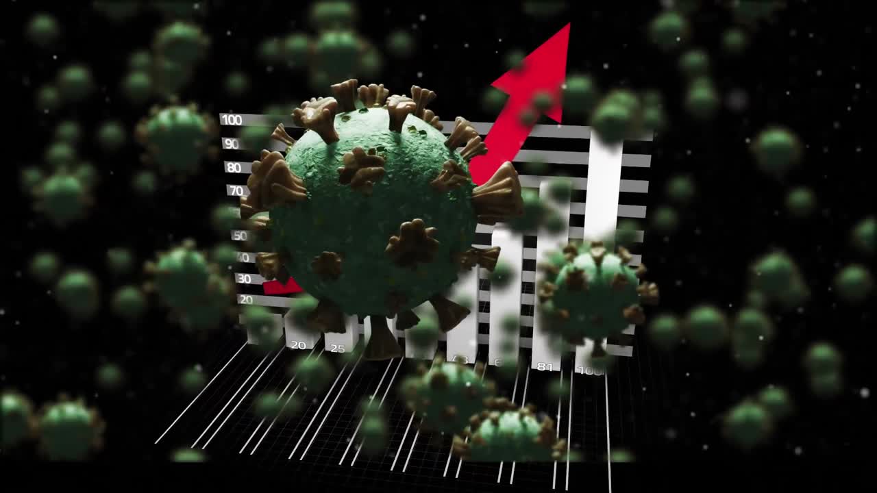animación de las células del virus sobre la pantalla con gráfico estadístico