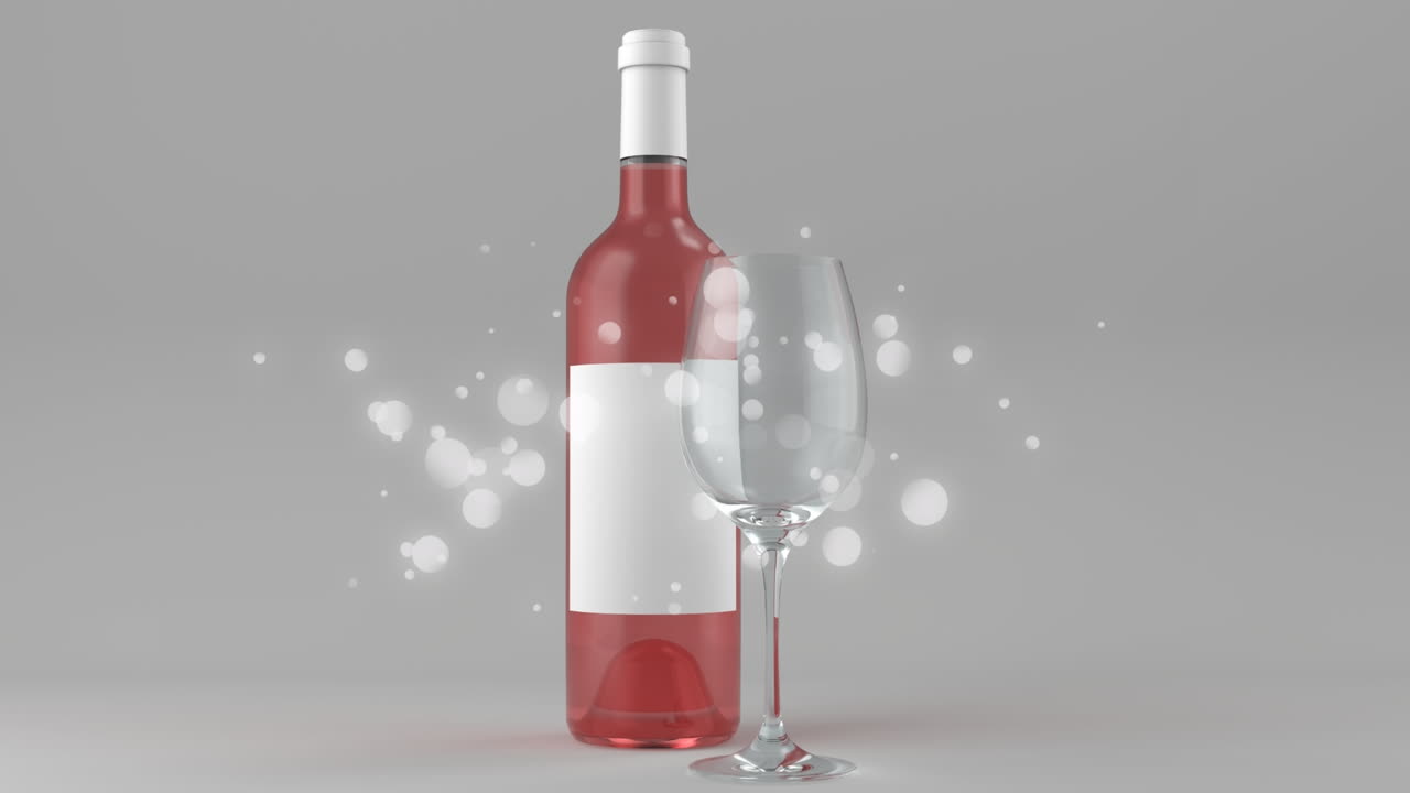 animación de puntos blancos sobre una botella de vino de rosa sobre un fondo gris