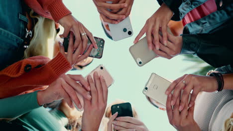 friends group, circle and phone in low angle