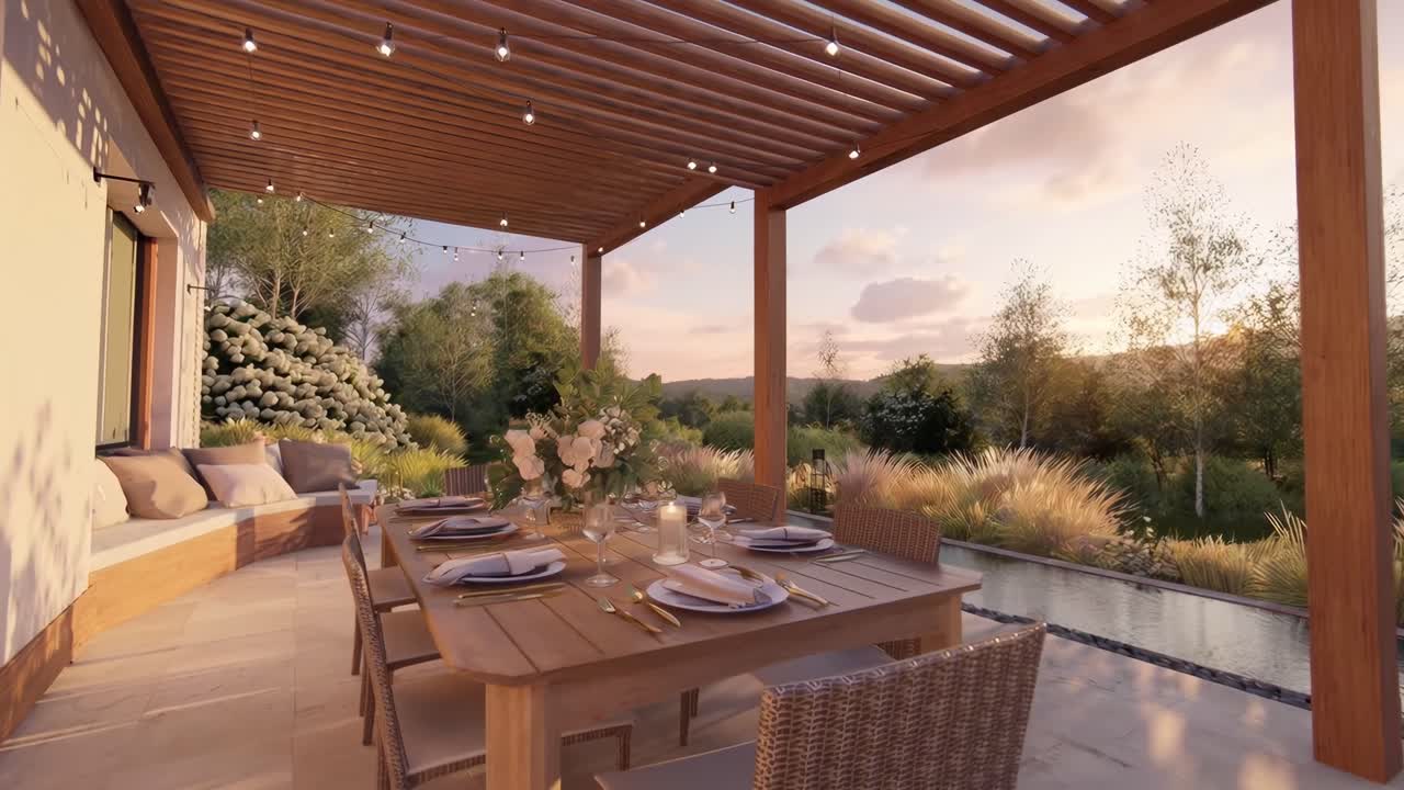 Fermo immagine video di un patio sereno al tramonto, catturato da un'angolazione bassa, che mette in risalto eleganti arredi esterni.