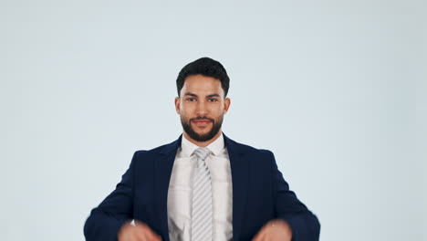 Face,-pointing-up-and-business-man-in-studio