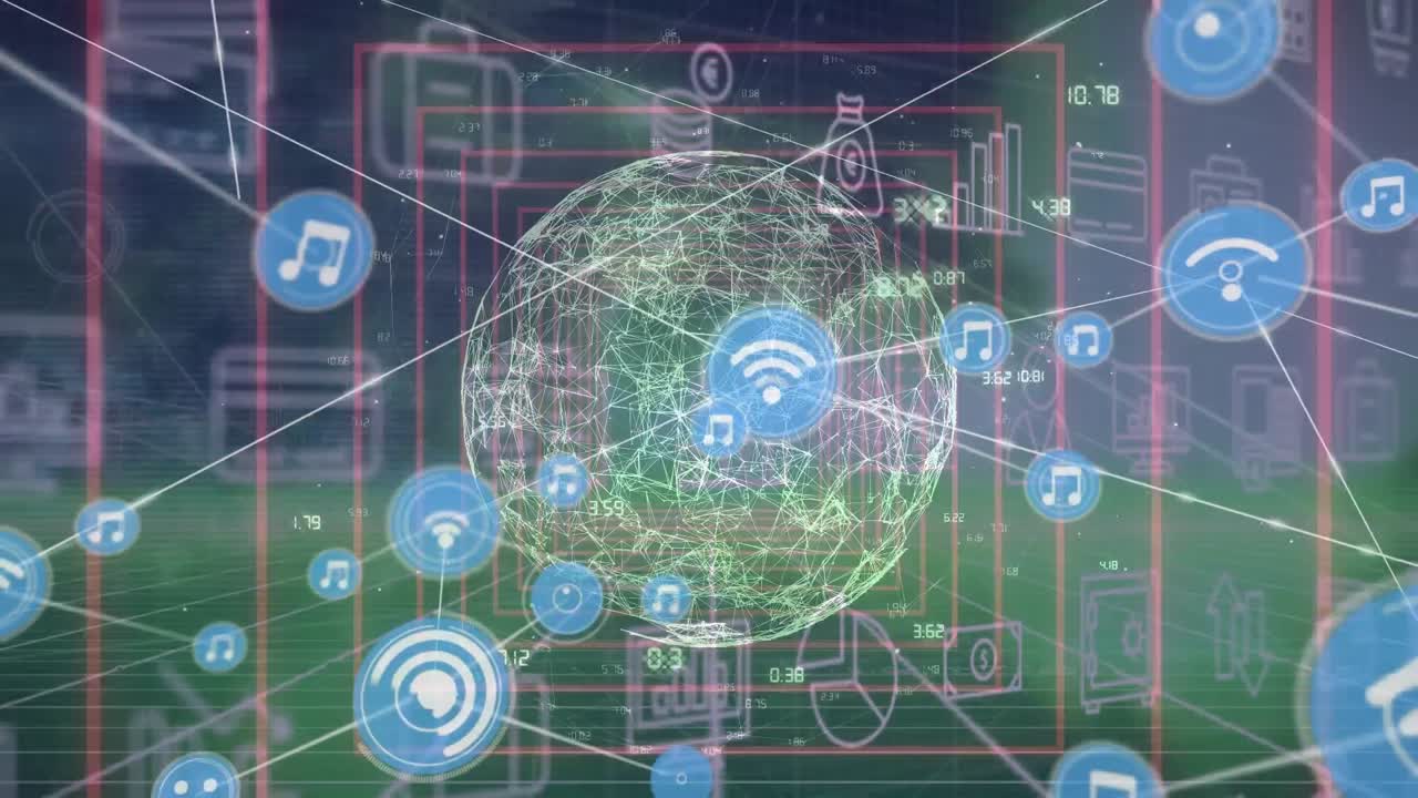 animación del procesamiento de datos sobre globos y iconos comerciales.