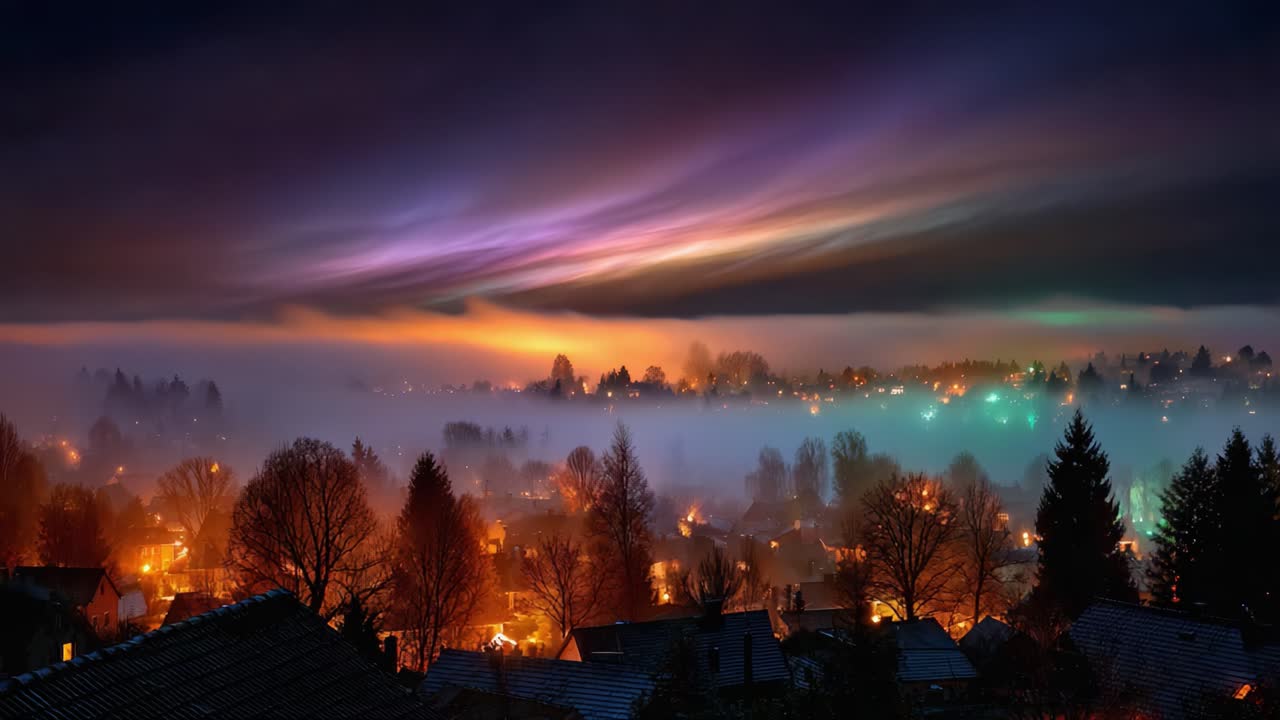 A Mesmerizing Nightscape of Illuminated Countryside Shrouded in Fog, Highlighting Twinkling Lights and Colorful Skies in a Serene Atmosphere