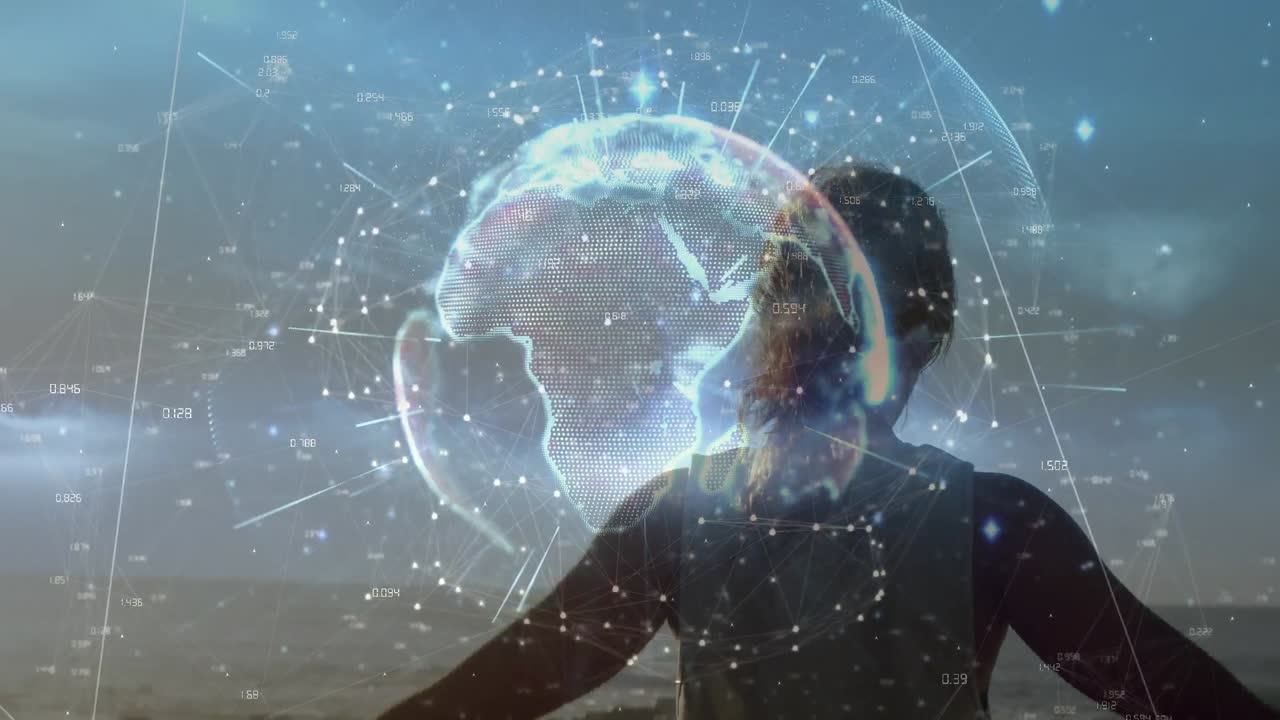 animación del globo y las conexiones sobre la espalda de una mujer caucásica practicando yoga en el mar