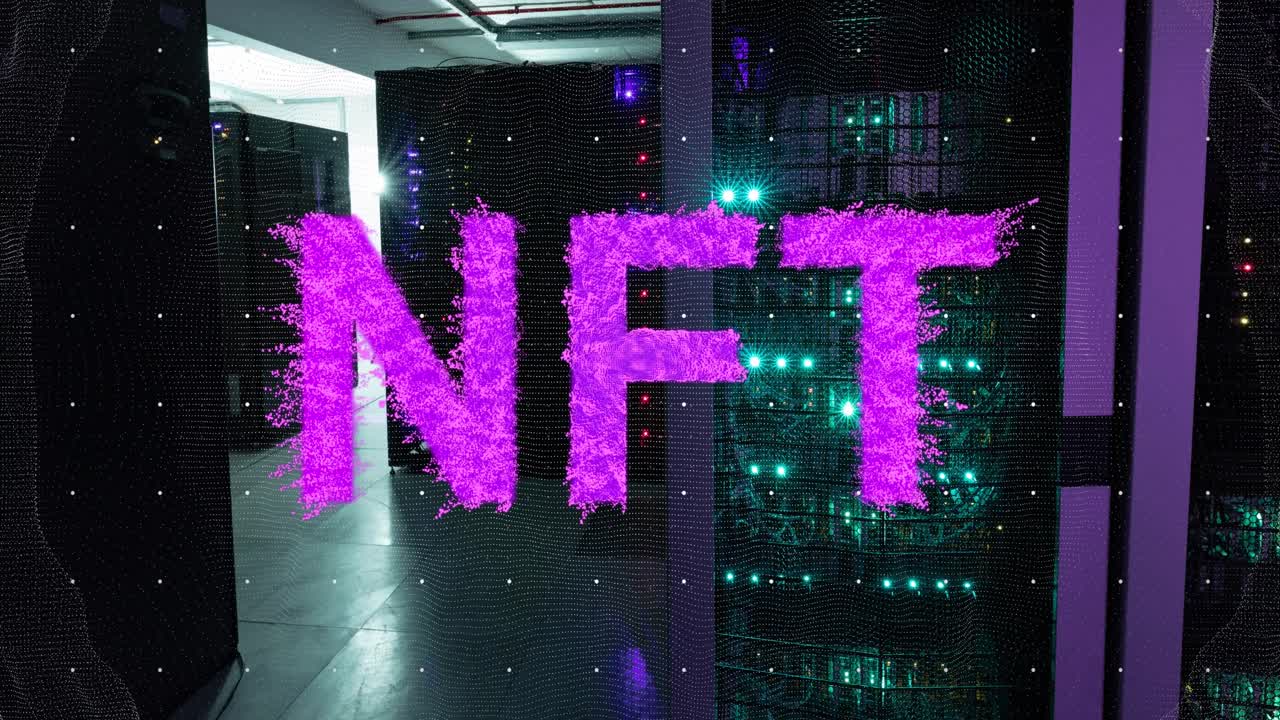 Animation of purple nft text banner against computer server room