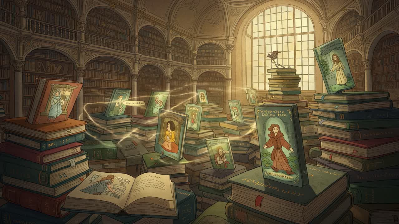 A Magical Journey Through Enchanted Books: Discovering Characters and Stories in a Grand Library Filled with Whimsical Illustrations and Sparkling Light