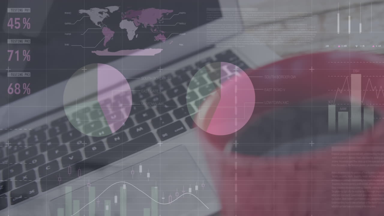 animación de gráficos y gráficos procesamiento de datos en el portátil y la taza de café en el escritorio