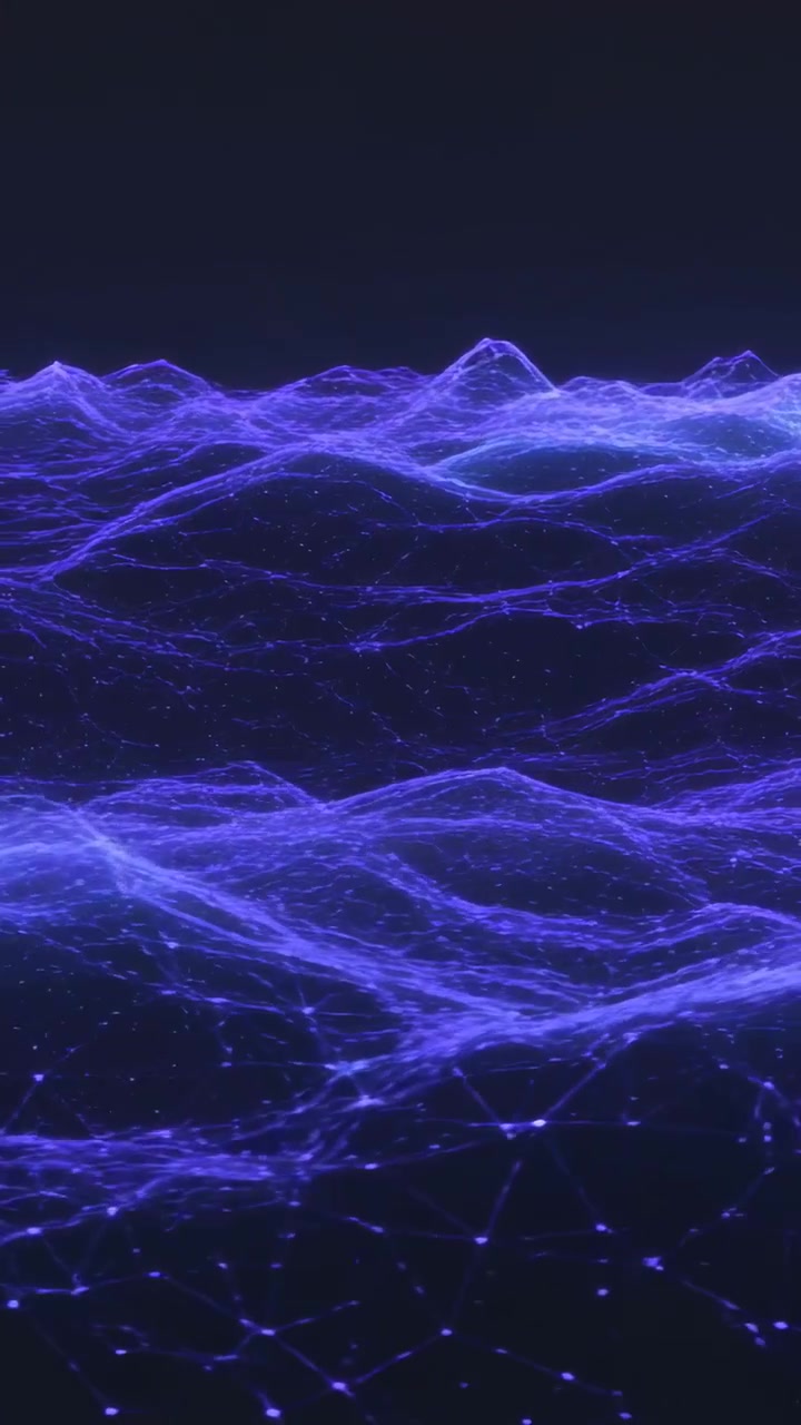 Vertical video: Starting glowing mesh wave shifting sideways, rising to top in dark void with nodes
