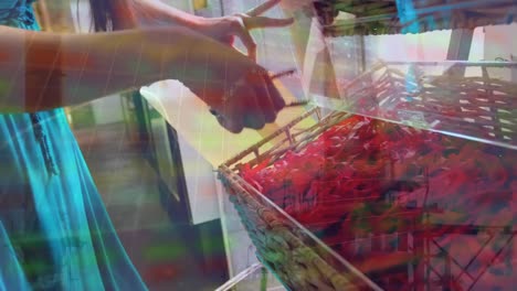 animación del procesamiento de datos sobre mujer caucásica en la tienda