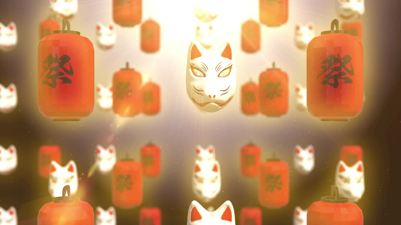 일본 랜턴과 여우 마스크 루프 애니메이션