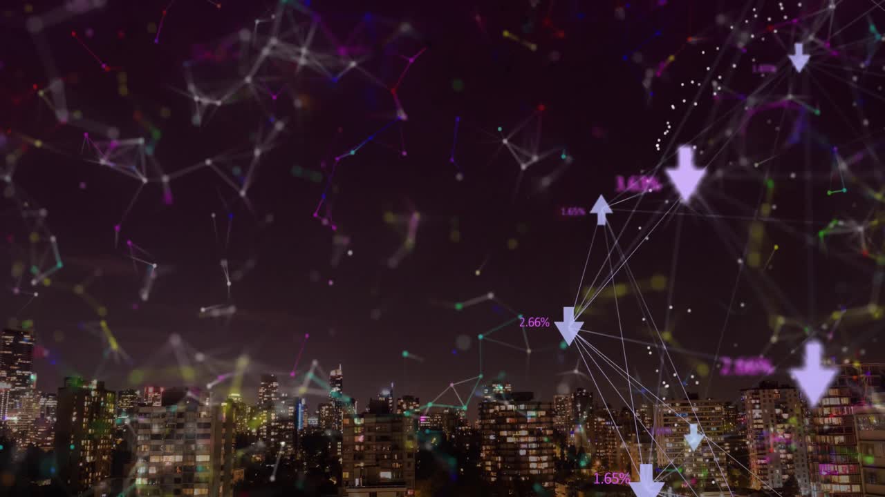 都市風景上のアイコンの接続ネットワークのアニメーション