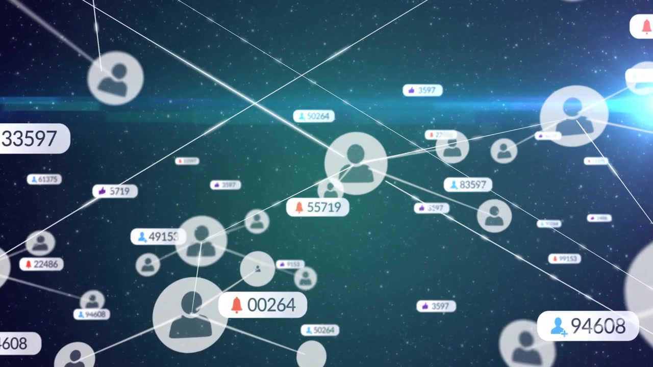 Animating social media connections and user statistics over digital network background
