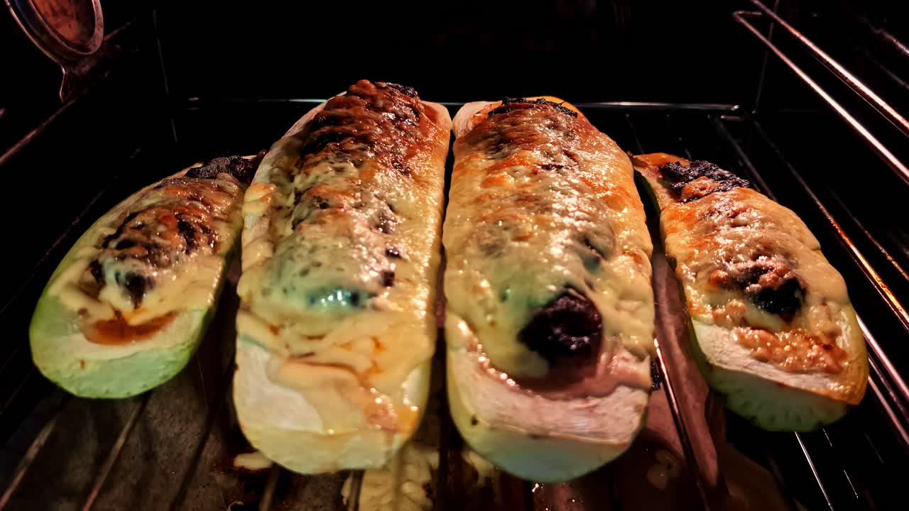 Cooking stuffed zucchinis with melted cheese in a hot oven, savory delight