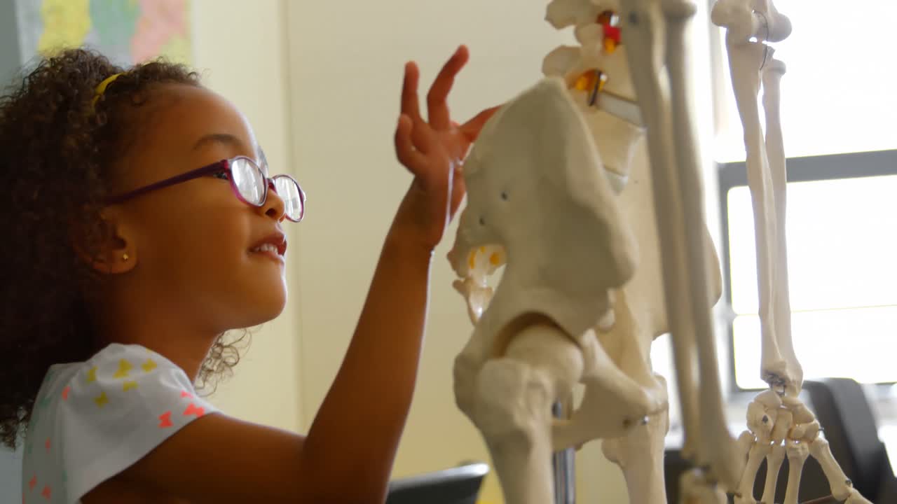 아프리카계 미국인 여학생이 학교 교실에서 인간 골격을 배우는 측면 보기 4k