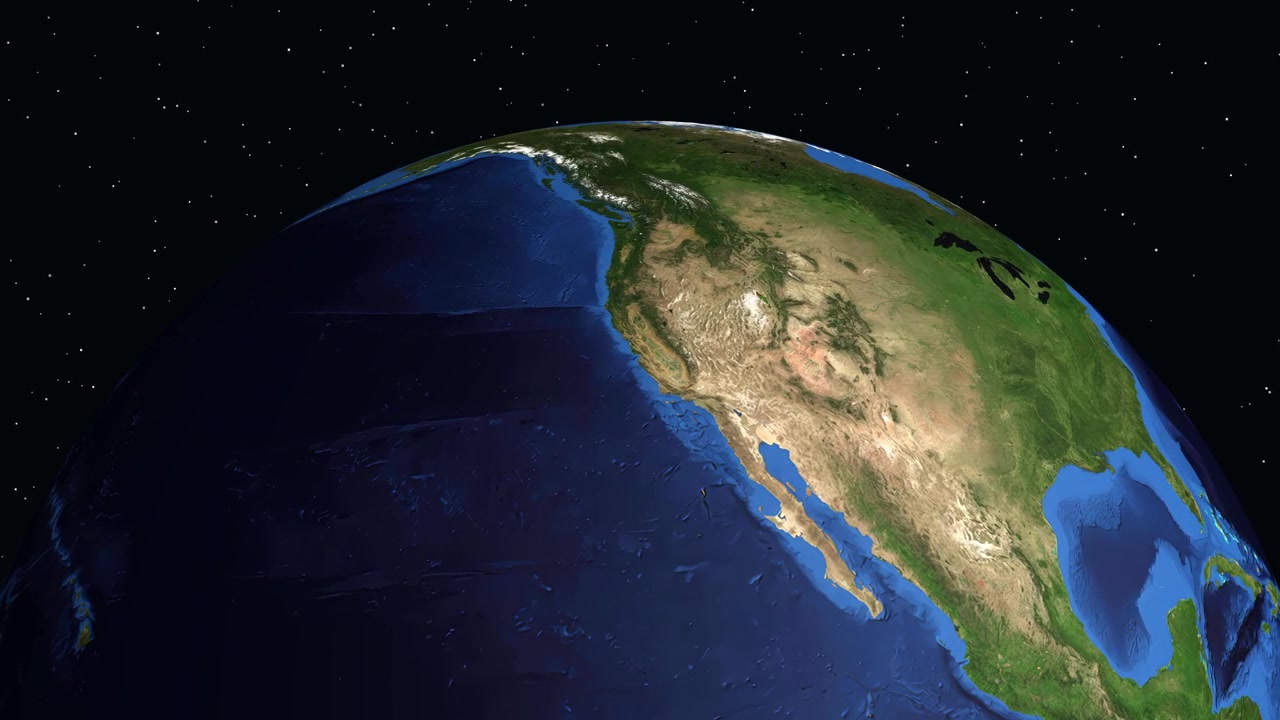 Un globo digitale ruota e zooma sul Nord America, evidenziando Monterey con statistiche sulla posizione.