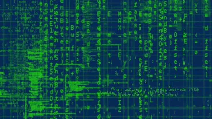 Animation of data processing over grid on blue background