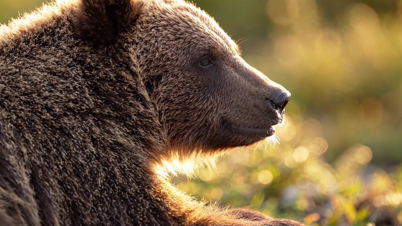 Un momento accattivante: primo piano di un orso grizzly in luce naturale, che mostra la bellezza e l'eleganza della fauna selvatica nel suo habitat naturale.