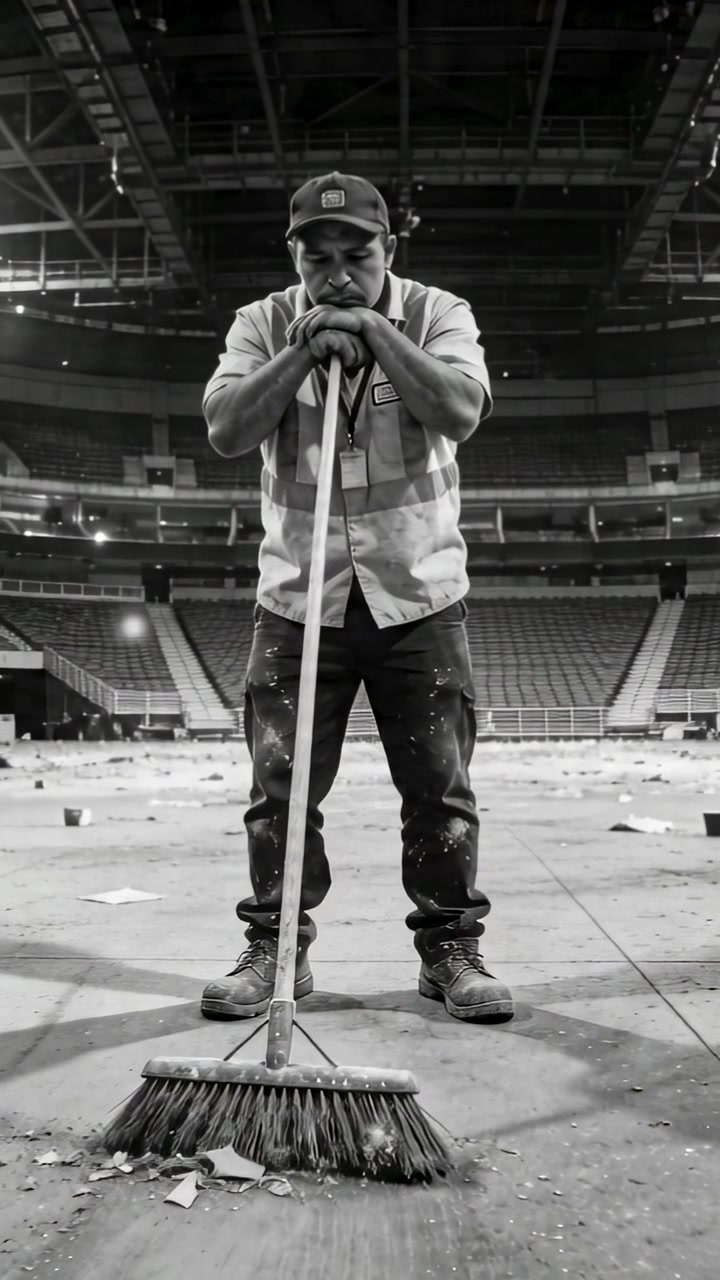 Vertical video: Noticing litter janitor sweeping arena with push broom and hi-vis vest for cleanup