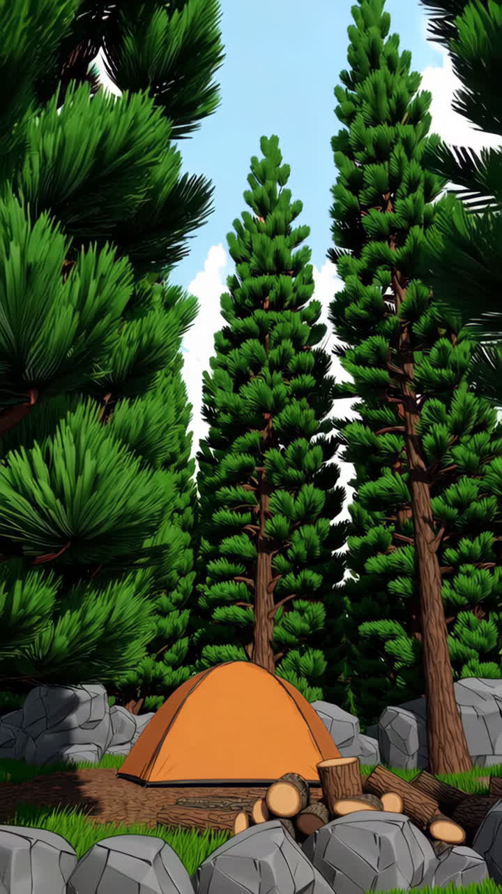 Illustrated Campsite in a Pine Forest