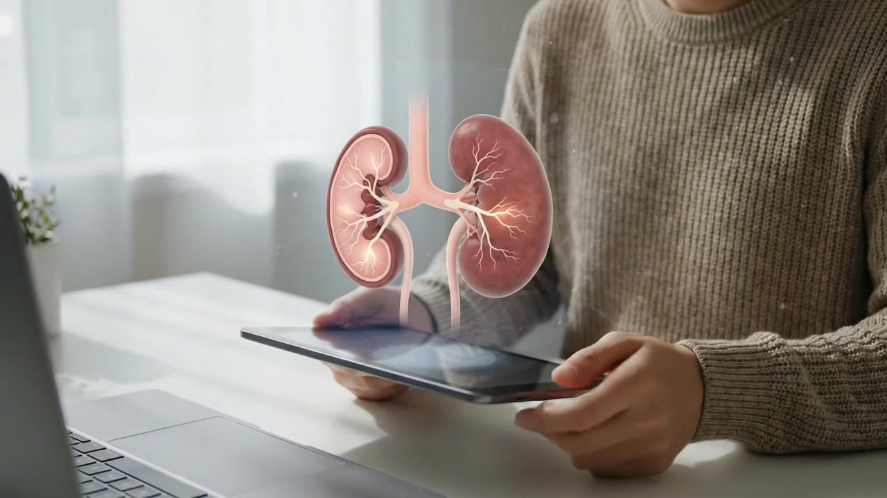 Person holding tablet with holographic kidney models during medical consultation