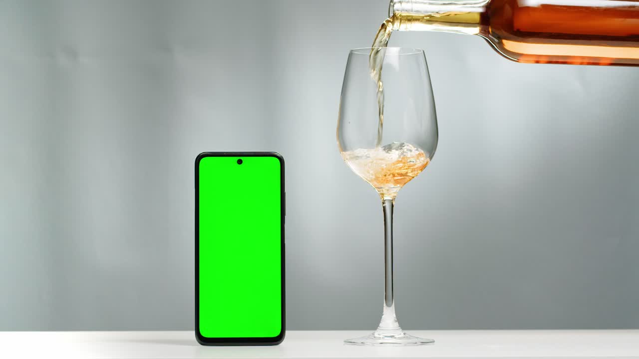 Rose Orange or white wine bottle and glass with chroma key green screen phone smartphone, application app, pouring of ecological natural wine. Cheers, hands with wine glasses, drinking alcohol.
