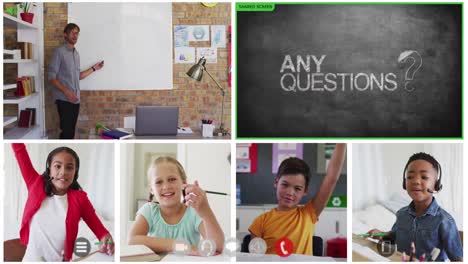 Animation-of-video-call-screens-of-chalkboard-and-diverse-teacher-and-children-having-online-lesson