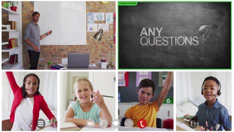animation of video call screens of chalkboard and diverse teacher and children having online lesson