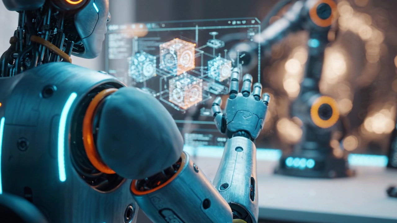Advanced Robot Analyzing Technical Diagrams and Operating Robotic Arms in a Futuristic Laboratory Setting with High-Tech Screens and Interfaces