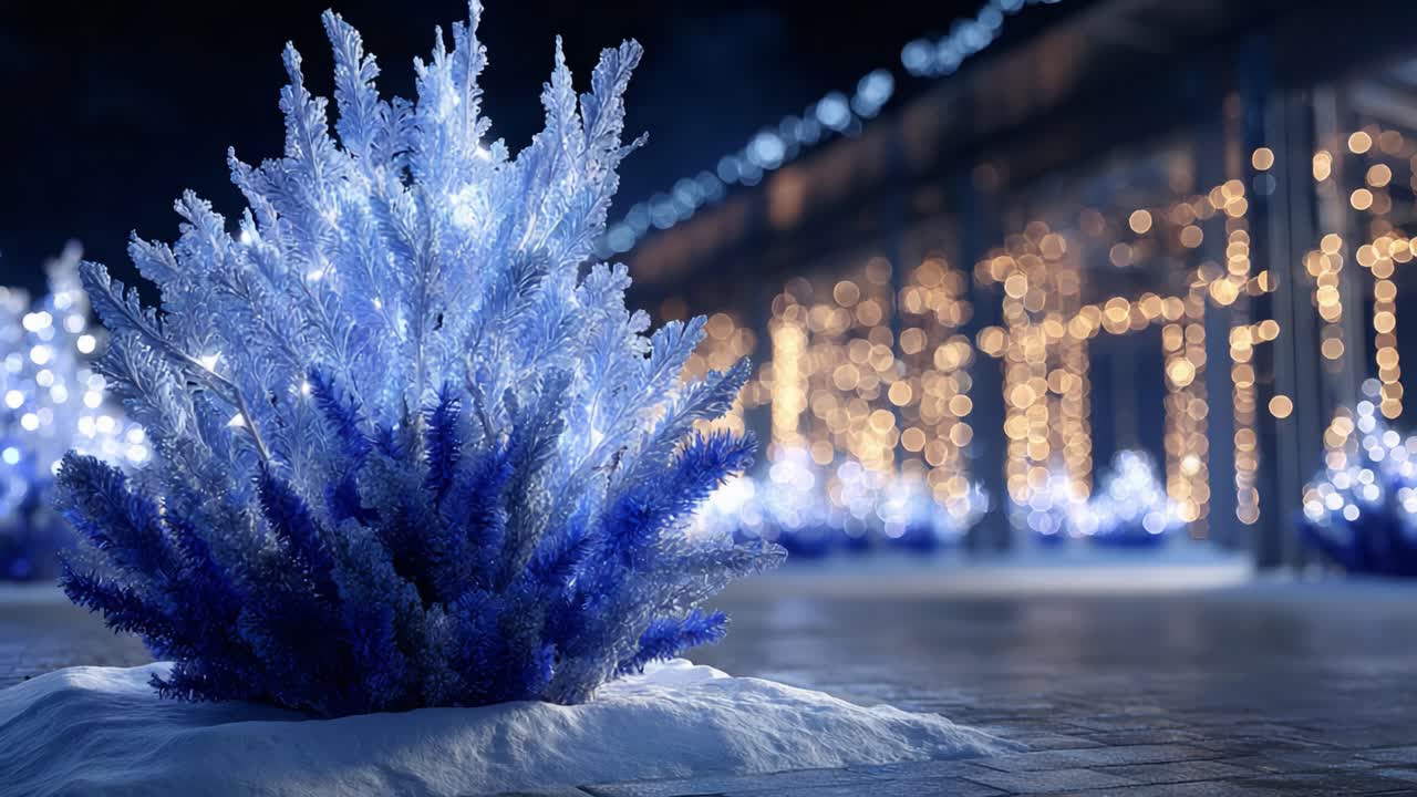 A Stunning Winter Wonderland Featuring Luminous Blue Frosted Plants Against a Backdrop of Twinkling Lights, Creating a Magical and Enchanting Atmosphere in the Night