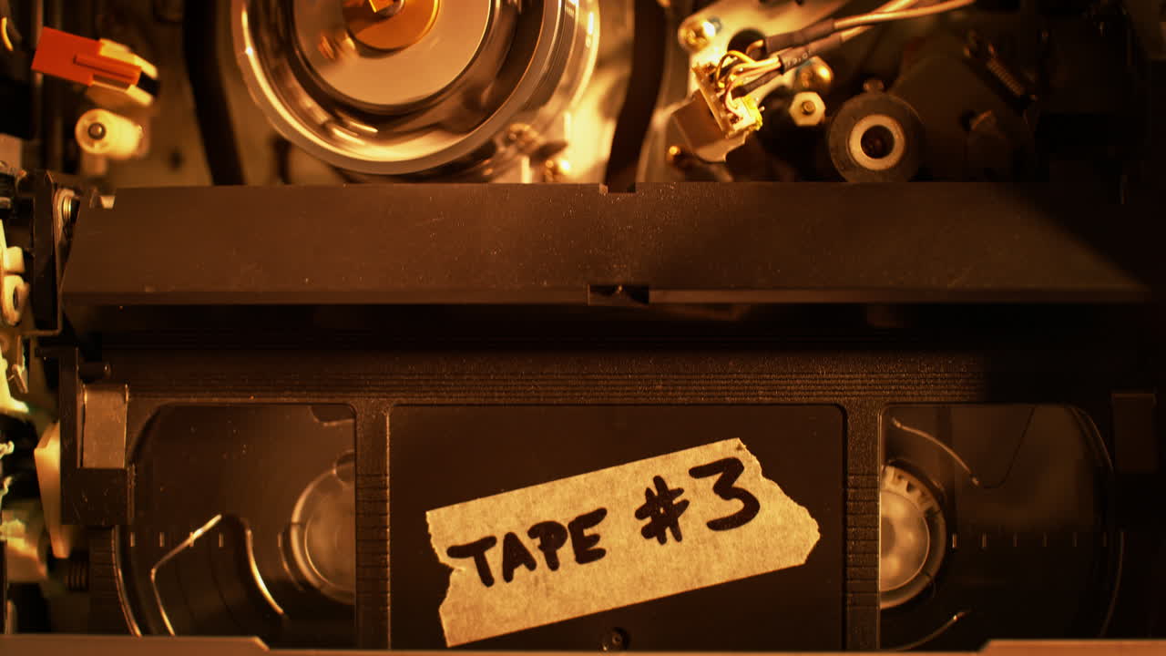 Inserting a VHS Tape - Top View of the Video Cassette Being Pushed into the VCR and the Tape Transport Mechanism in Macro - 90s Vibe
